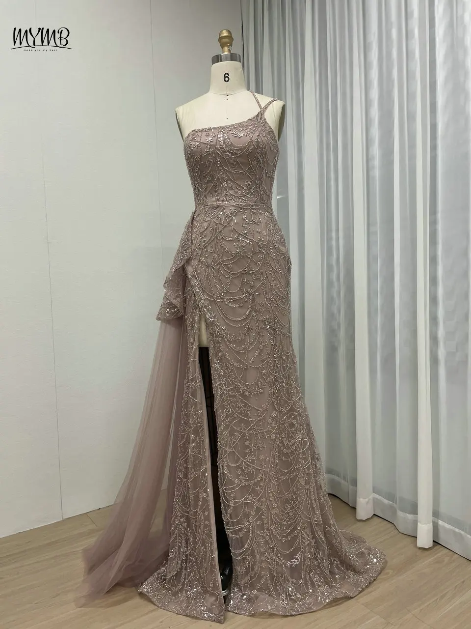 MYMB-vestido formal de noite com fenda alta com um ombro, vestido sereia luxuoso, vestido de baile, trem lateral, fenda, cinta de espaguete, frisado, rosa
