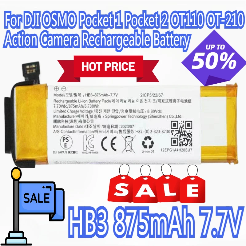 

7.7V Action Camera Rechargeable Battery New Battery HB3 875mAh For DJI OSMO Pocket 1 Pocket 2 OT110 OT-210