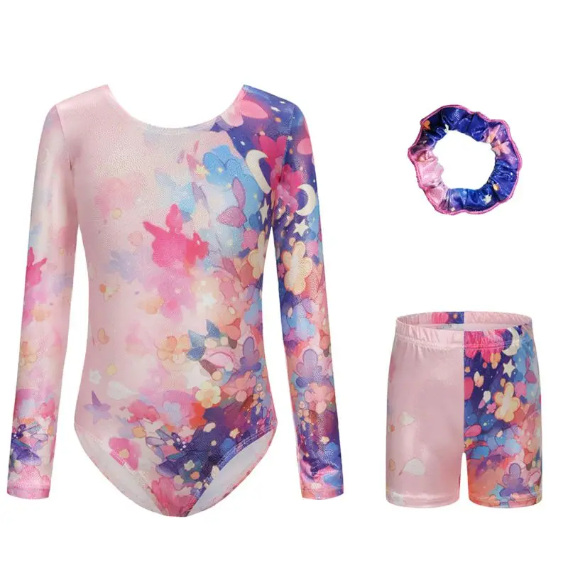 5-12 Years Children Grils Long Sleeve Leotard with Shorts Hairband Kids Gymnastic Bodysuit Set Ballet  Stage Performance Costume