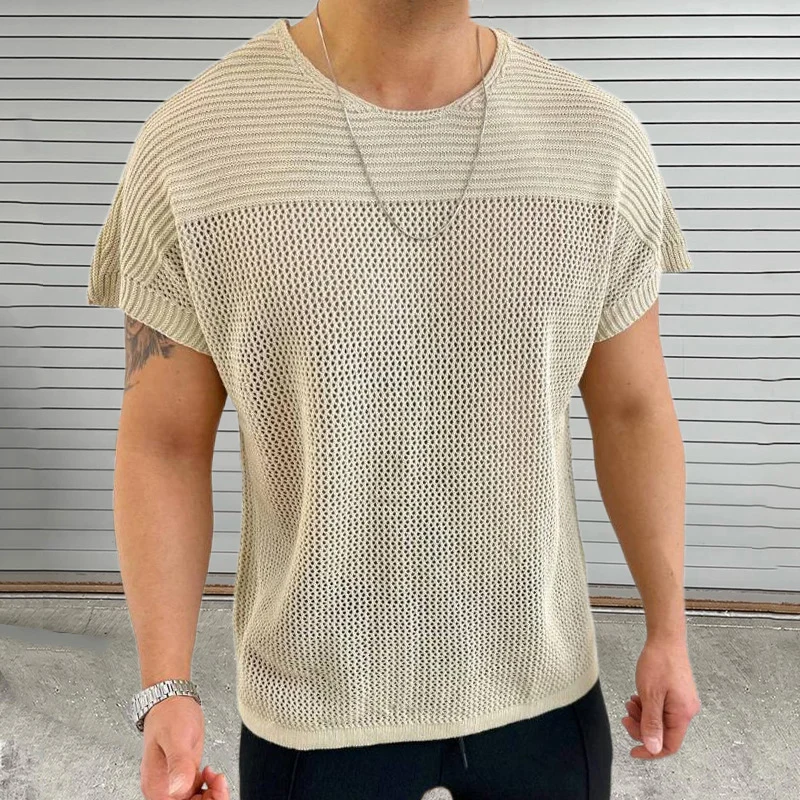 Leisure Hollow Out Breathable Knit Tops Men Summer Vintage O Neck Mens Knitted T-shirt Short Sleeve Solid Color Knitting T Shirt