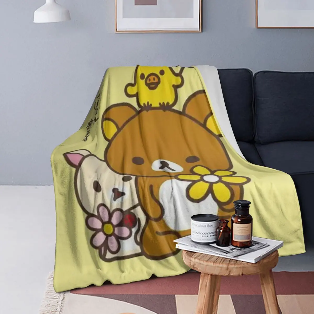Rilakkuma With Flowers Blanket Soft Warm Flannel Throw Blanket Bedspread for Bed Living room Picnic Travel Home Sofa