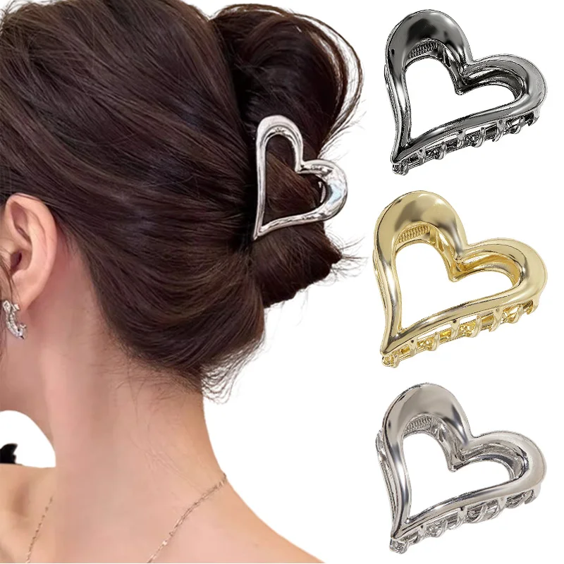 Metal Golden Silvery Heart Love Hair Claw Clips Medium Size Y2k Hair Styling Accessories Catch Crab Clamp Women Girls Headwear