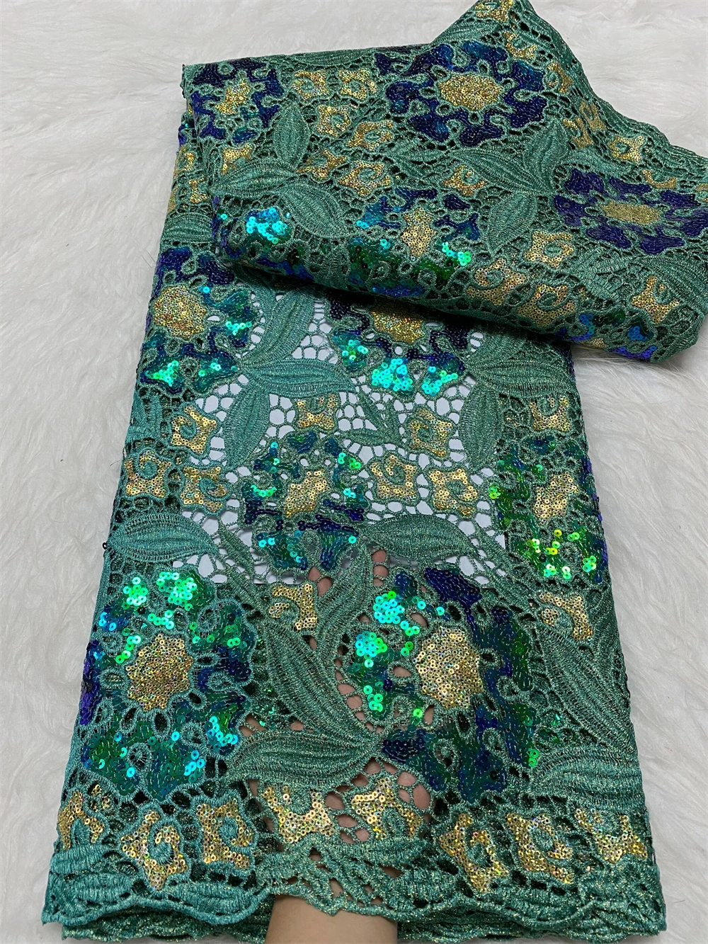 African Green Sequins Fabrics Per The Meter Embroidery For Women Sewing Party Dresses Water Soluble Cotton 5 Yards Lace Fabric