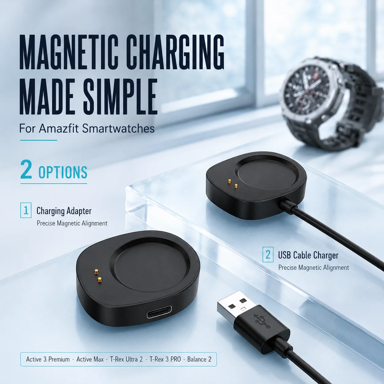 USB Dock Charger Adapter Charging Cable For Amazfit T-rex Ultra2/3/Trex3 Pro/Active3/Active Max/Balance 2/1 Helio Strap Watch