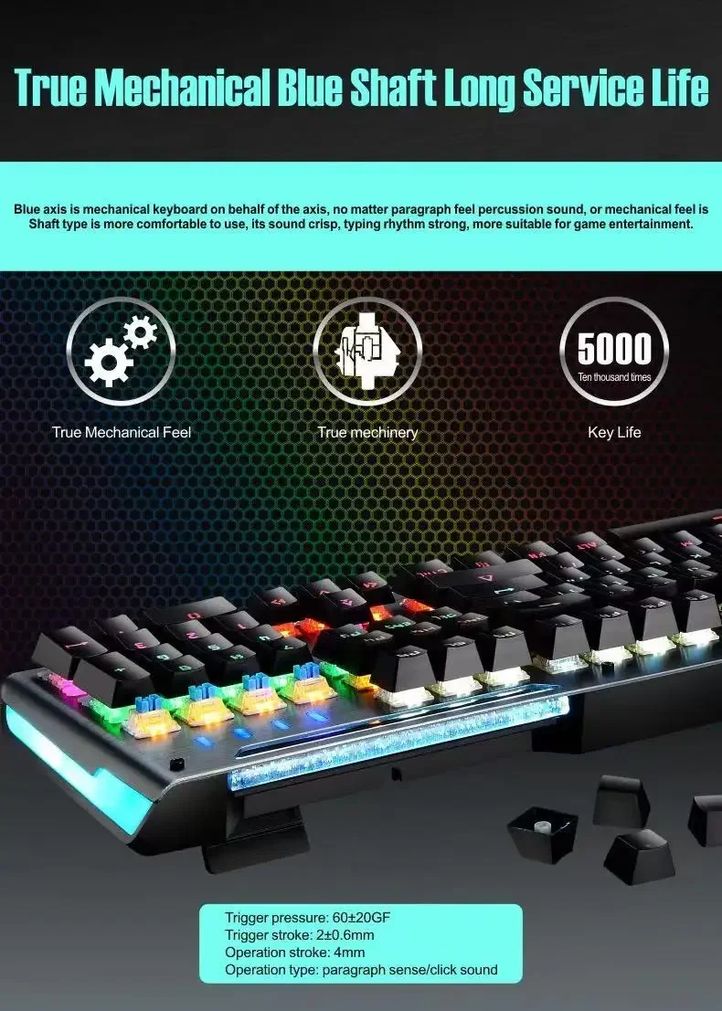 Teclado mecánico ergonómico RGB con cable para juegos, Profesional Teclado retroiluminado con LED, 104 teclas, USB 2,0, venta al por mayor