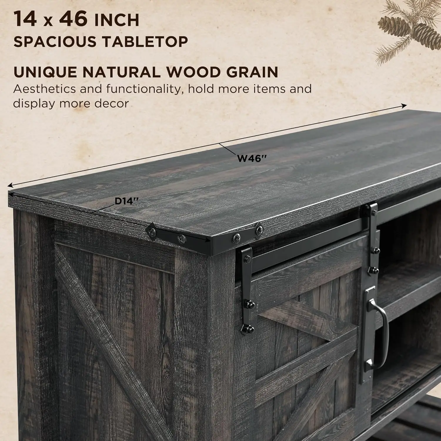 Farmhouse Console Table with Sliding Barn Doors, Rustic Sofa Table, Storage Shelf, Behind Couch, 46"