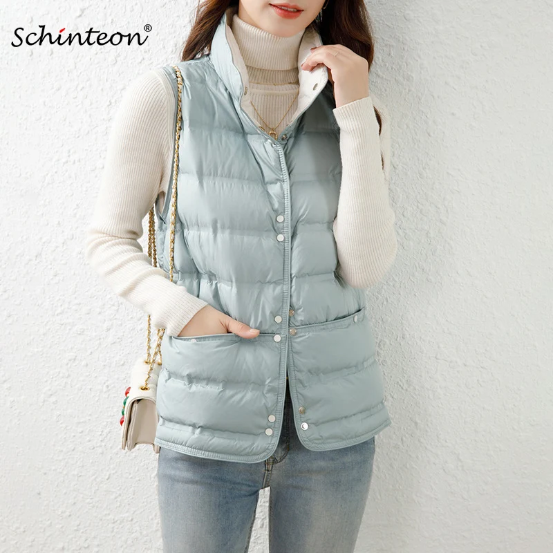 

Schinteon Women Ultralight White Duck Down Vest Sleeveless Jacket High Quality Stand Collar Autumn Winter Gielt Top 2023 New