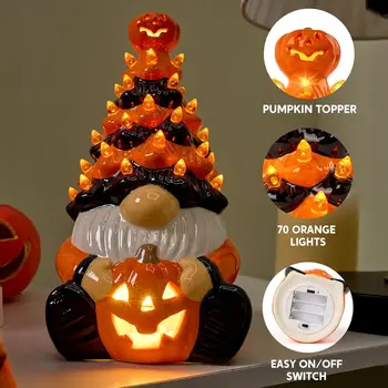 8.5 inch Tall Halloween Decoration Pumpkin Gnome Ceramic Tree with Build-in LEDs Tabletop Decor for Halloween Indoor Party Supplies Decoration, Battery Operated, Home Party Decors 4