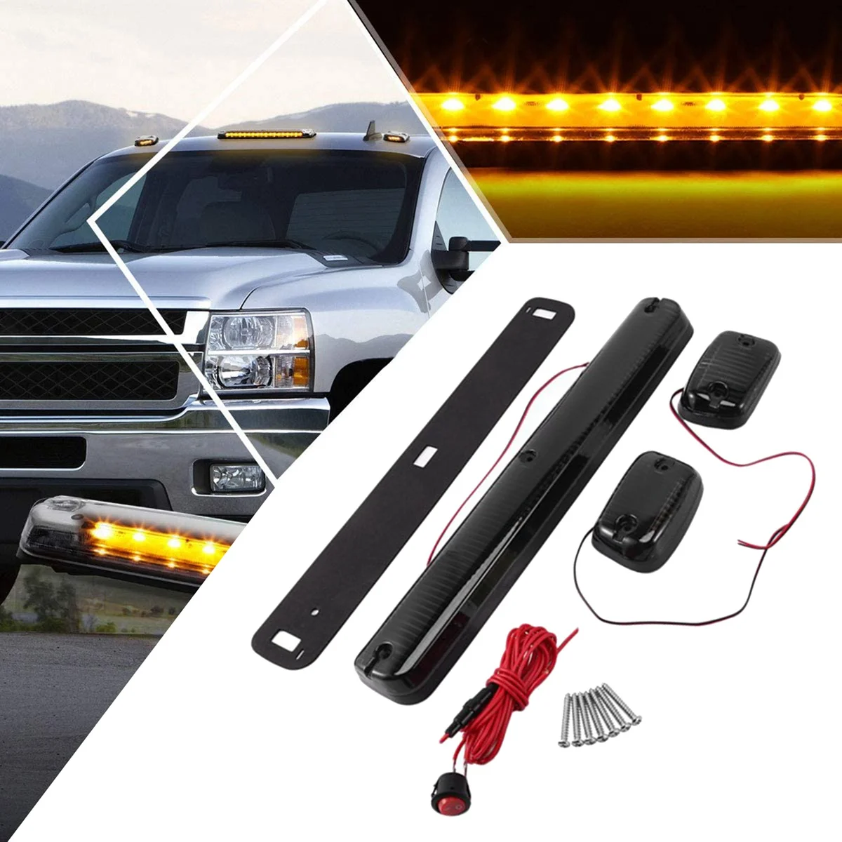 3PC Cab Marker Roof Running Amber Side Clearance Dome LED Light Assembly for Chevy Silverado GMC Sierra 2007-2013