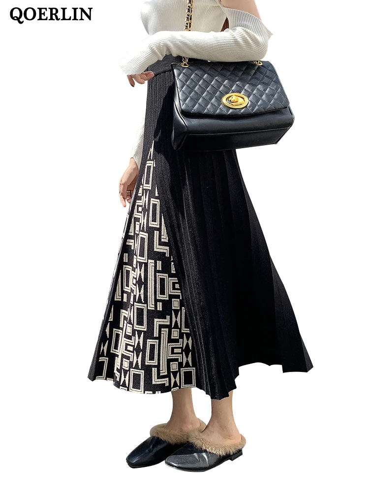 

QOERLIN Winter Skirts Women High Waist A-Line Pleated Brown Skirt Fashion Geometry Sweater Skirt 2023 New Elegant Office Wear