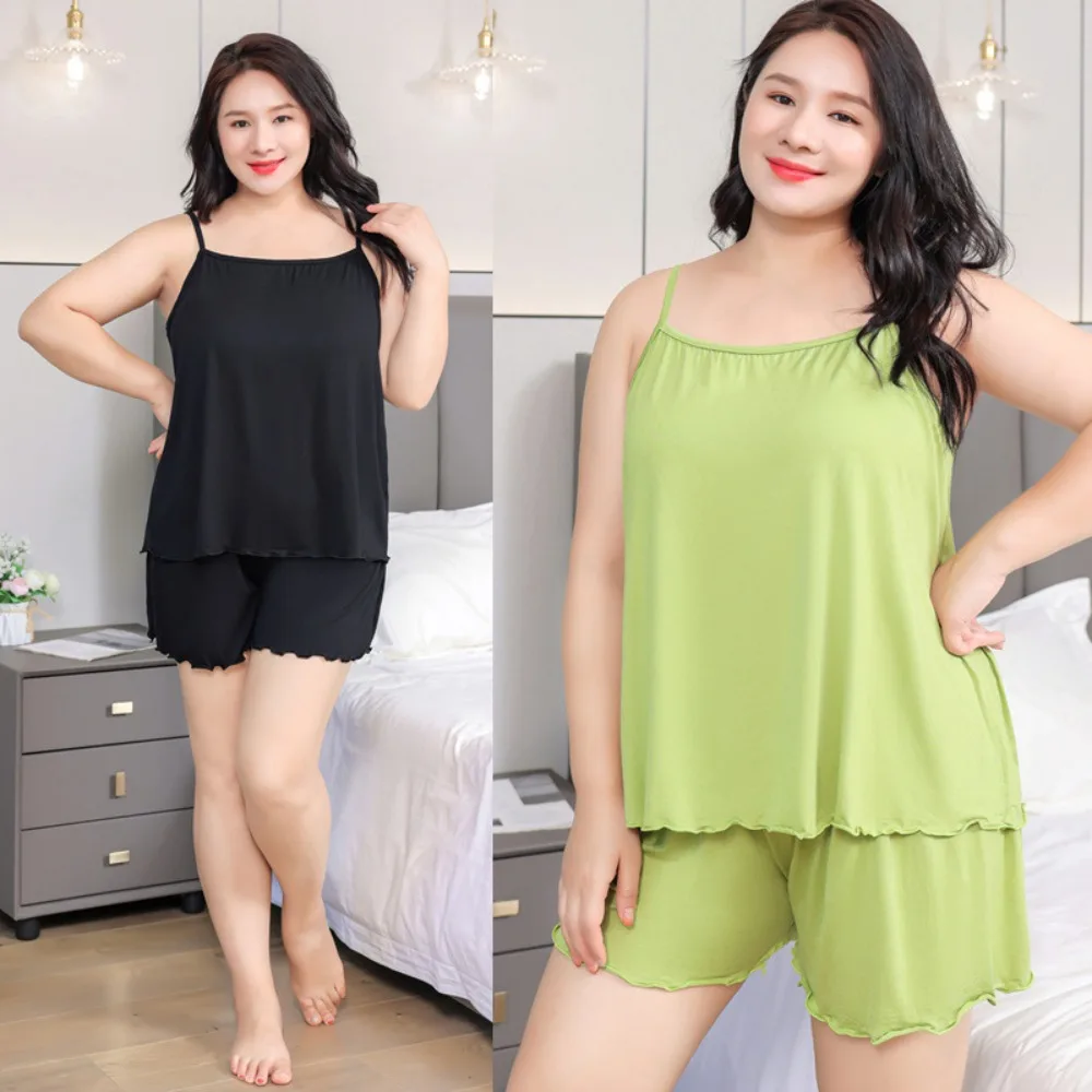 

Summer Extra-large Size Modal Home Clothing for Women 200 Catties Fat Mm Large Fat Size Comfortable and Loose Suspender Set