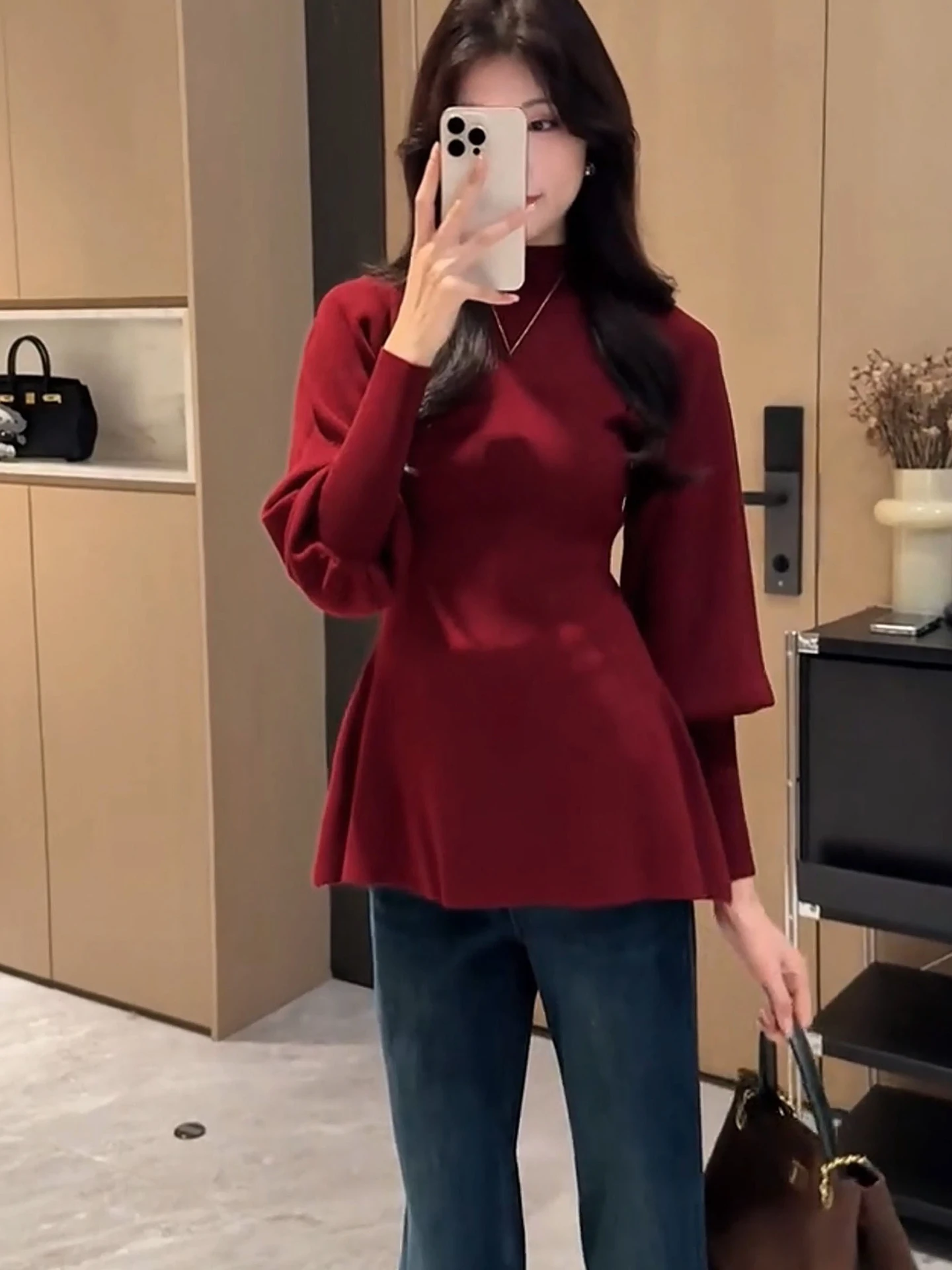 

Красный вязаный облегающий свитер-базовый слой для зимы и Нового года, приталенный, в корейском стиле, длинный рукав, цвет