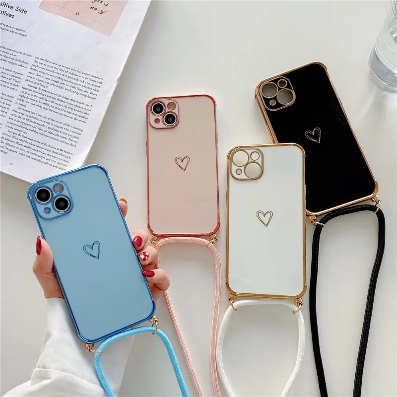 Luxury Crossbody Necklace Lanyard Plating Love Heart Soft Case For iPhone 13 Pro Max 14Cover