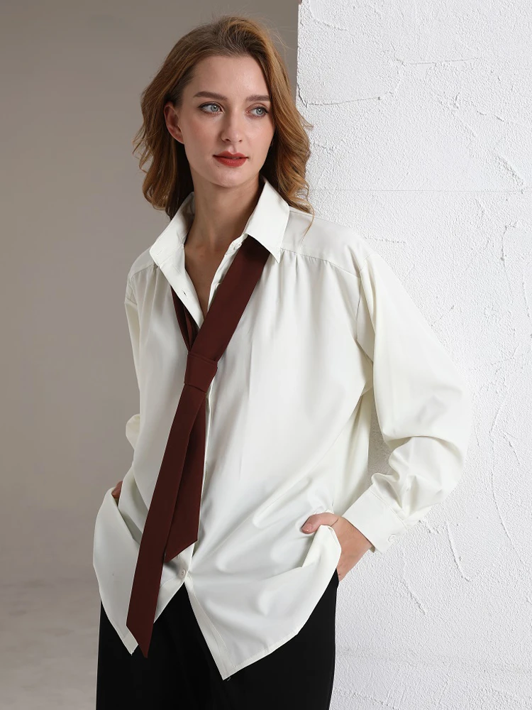 

2023 Spring Minimalist Long Sleeve Button Up Shirt Women Korean Style Solid Tie Oversize Shirts Blouse Loose Clothes Tops