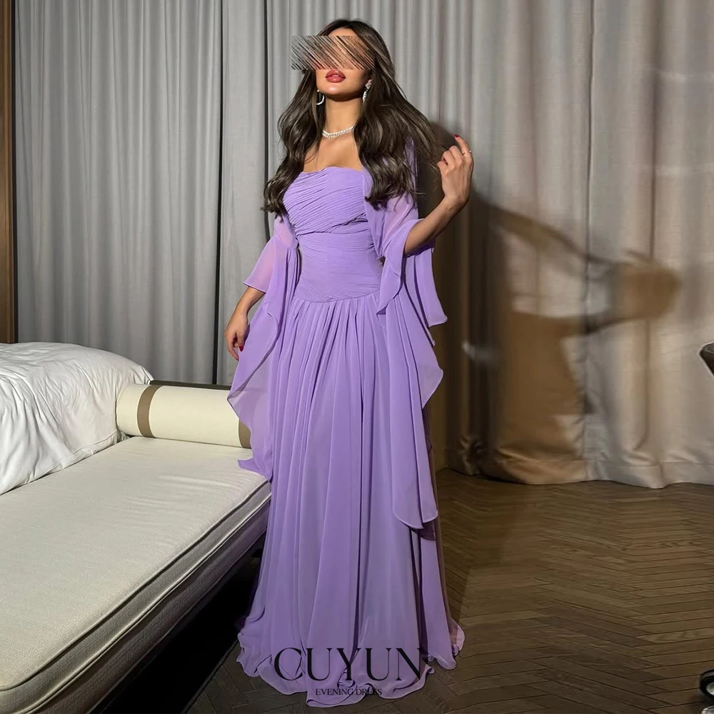 

CUYUN Purple Elegant Chiffon Evening Dresses Women Strapless Flare Long Sleeves Prom Party Gown for Special Occasion 2026