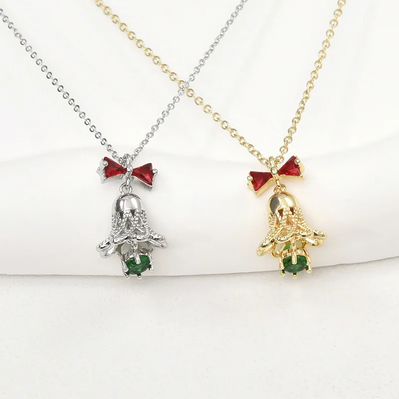 Copper-plated 14k Gold Christmas Series Zircon Bow Bell Pendant DIY Bracelet Necklace Ear Jewelry Pendant Accessories