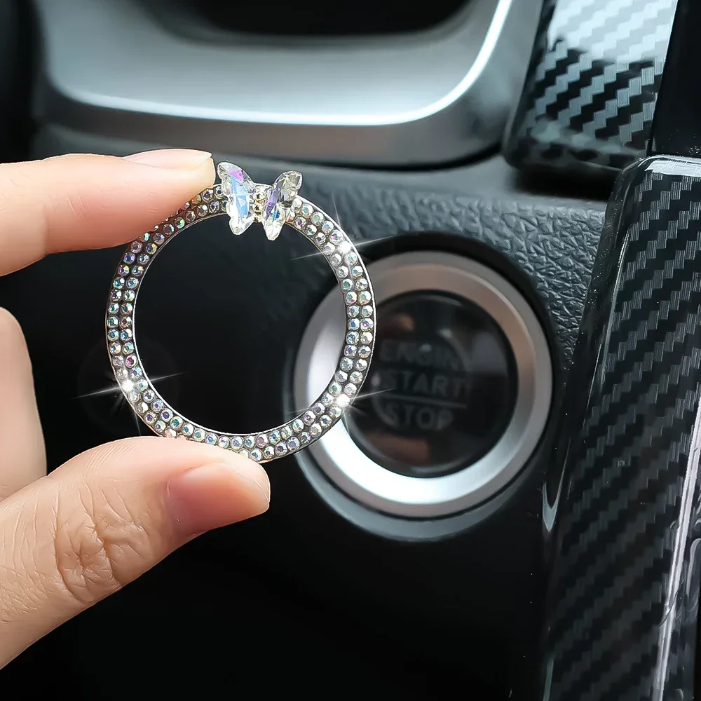 One Click Start Decorative Ring Sticker Double Row Crystal Butterfly Ignition Ring Ignition Switch Button Decor Protection Cover