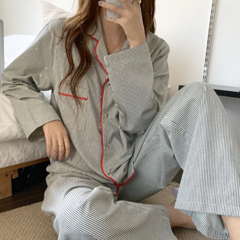 

Contracted Stripe Couples Lapel Button Cardigan Long Sleeve + Pants Loose Spring Summer ice silk Sleepwear Loungewear 2 Sets