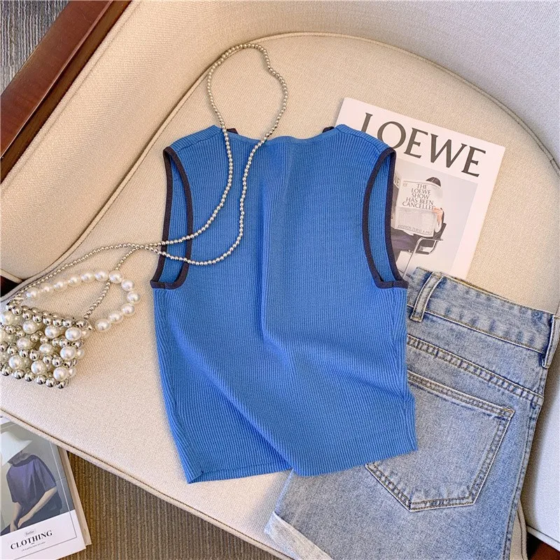 Fake Two Pieces Sweater Vest Women 2024 Summer Sleeveless V-neck Tops Knitwear Stylish Fashion Chic Sexy Ladies Jumpers Vests