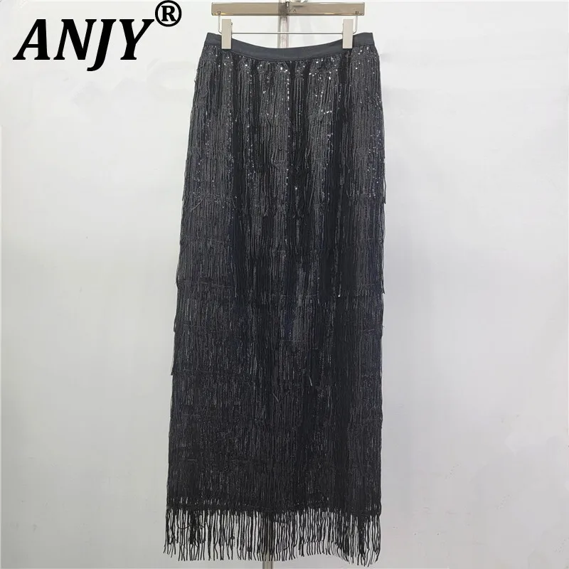 ANJY Autumn Winter New Women Fashion Elegant High-End Tassel Sequin Skirt Lazy Style Streetwear Versatile Chic Ins Skirts A16965