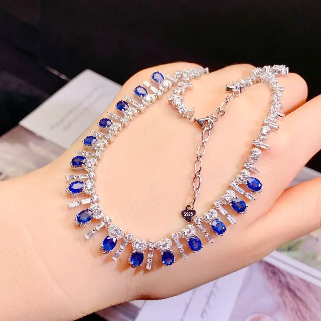 Natural Sapphire Necklace Light Luxury Heavy Craft, 925 Sterling Silver Gemstone Collarbone