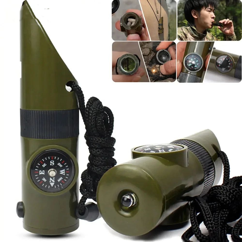 

Multipurpose Jungle Survival Whistle Hiking Whistle Compass Mirror Flashlight Magnifier LED Light Thermometer Storage Compass