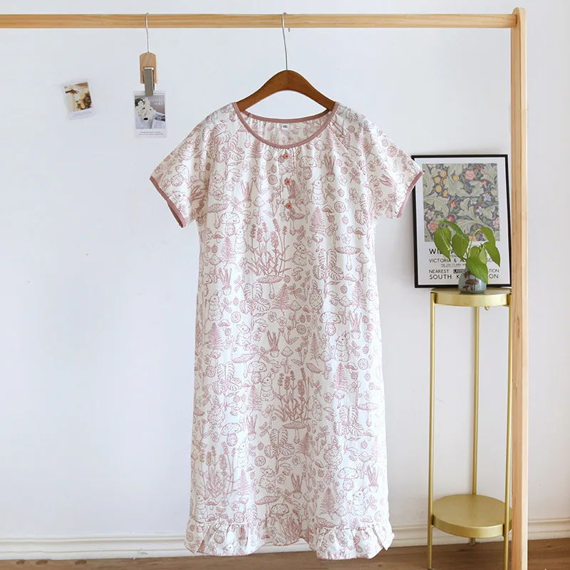 2024 verão nova saia de pijama feminino 100% algodão gaze senhoras doce e bonito saia de pijama grande vestido de casa pijamas