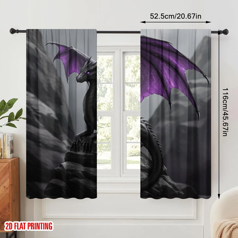 2pcs 2D flat printing Window Curtains Purple Flying Dragon Polyester Without Electricity Family Party Use for Home & Party