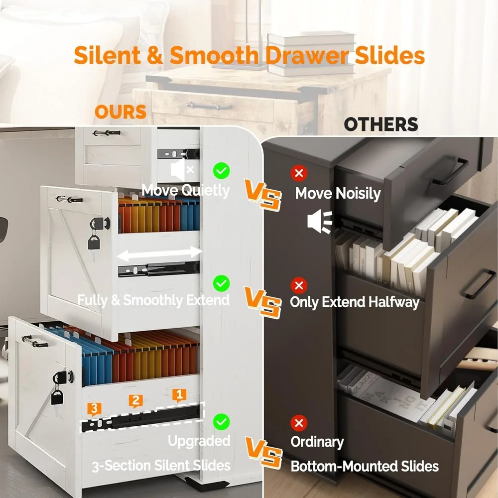 Archivador de tamaño carta de 3 cajones estilo granja moderno con cerradura para organización de oficina en casa