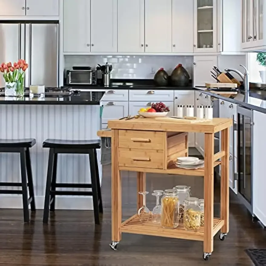 Rolling Butcher Block Kitchen Cart on Wheels, Bamboo Kitchen Trolley with Drawers, Shelves, Towel Rack, Small Kitchen Island Car