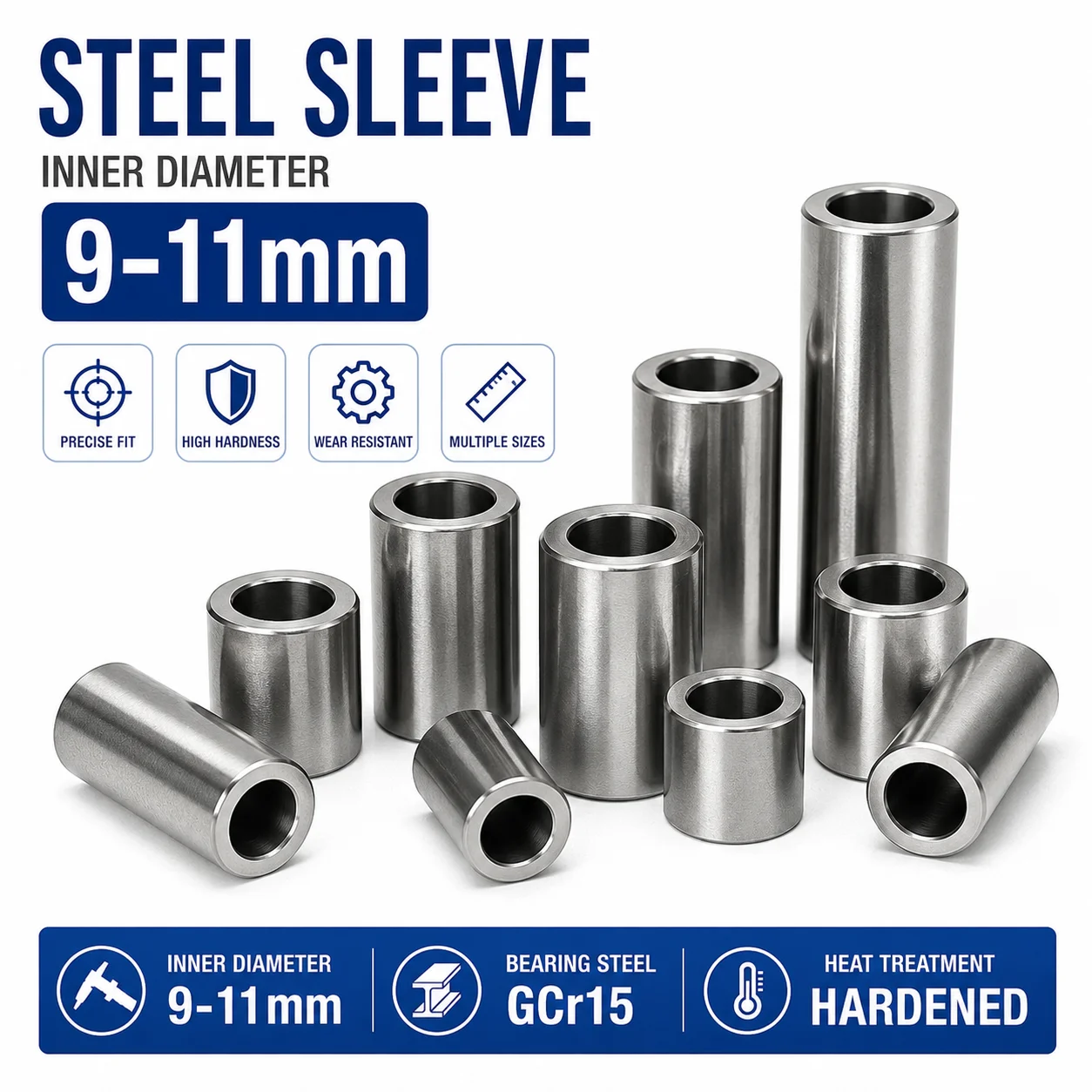 Bearing Steel Guide Bushing 9mm/10mm/11mm ID, Precision Hardened Wear-Resistant Sleeve for CNC, 3D Printer, Molds & Machinery