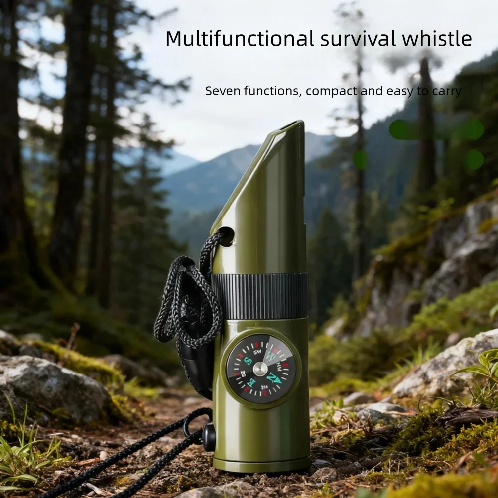 Outdoor camping seven-in-one multifunctional whistle survival whistle lifesaving whistle LED light thermometer compass