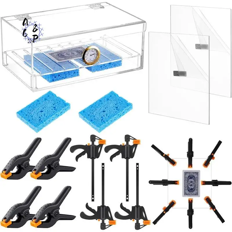 

A68P-11 Pcs Card Flattening Kit 1 Humidor Humidity Box, 2 Acrylic Plates, 4 Vises, 4 Clamps Card Tool For Bent Trading Repair