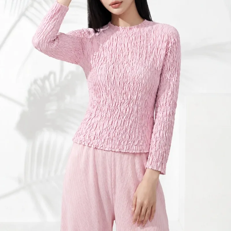 Designer Handmade Pleated T-Shirt plisse Women 2026 Autumn New Loose Slimming Versatile Long Sleeve Round Neck Loose Base Shirt
