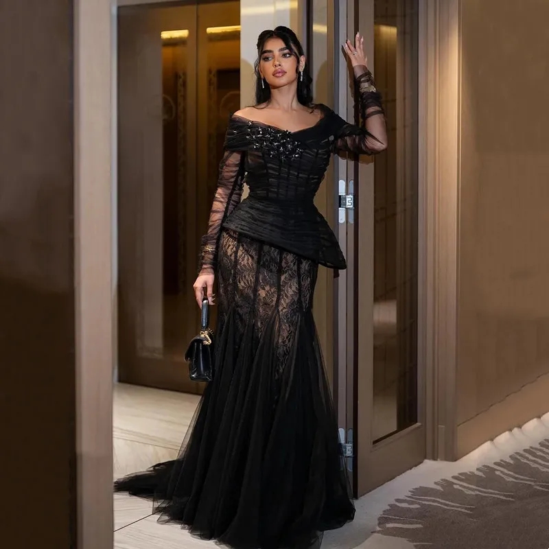 

Modern Black Mermaid Formal Prom Dress Lace Appliques Long Sleeves Sexy Off The Shoulder Backless Pleat Beaded Dress Customized