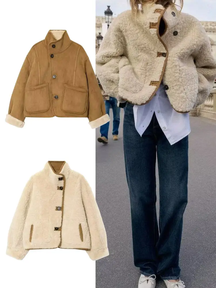 

HH зимняя женская двусторонняя куртка из искусственной овечьей шерсти, винтажная двусторонняя толстая теплая куртка с длинными рукавами, женская уличная одежда