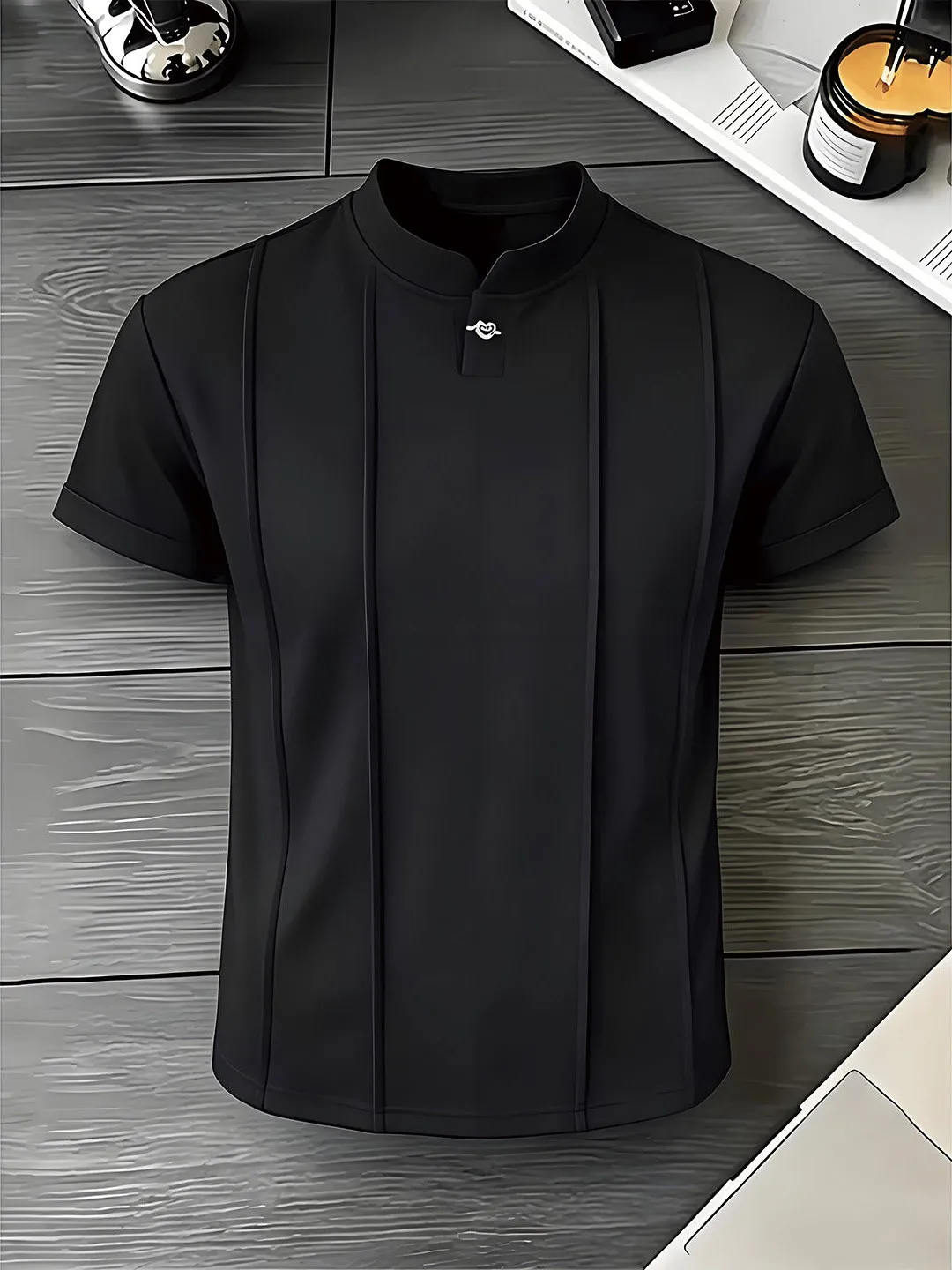 Black Metal Buckle Deconstructed  Shirt Short Sleeve Men's Style Summer Old Money Heavyweight Half Sleeve Henry Collar T-...