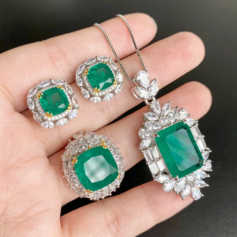 

QTT Retro Pure Silver Color Lab Emerald Jewelry Sets for Female Luxury Engagement Wedding Promise Ring Earring Ring Necklace