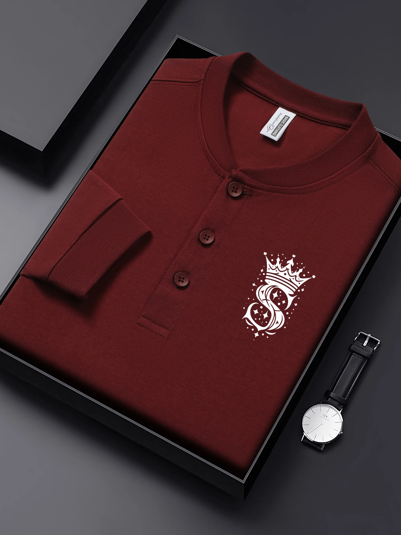 

Корона с буквой S, простой узор, мужские футболки на пуговицах, повседневная хлопковая базовая рубашка, универсальный топ с вырезом Генри, осенняя спортивная одежда