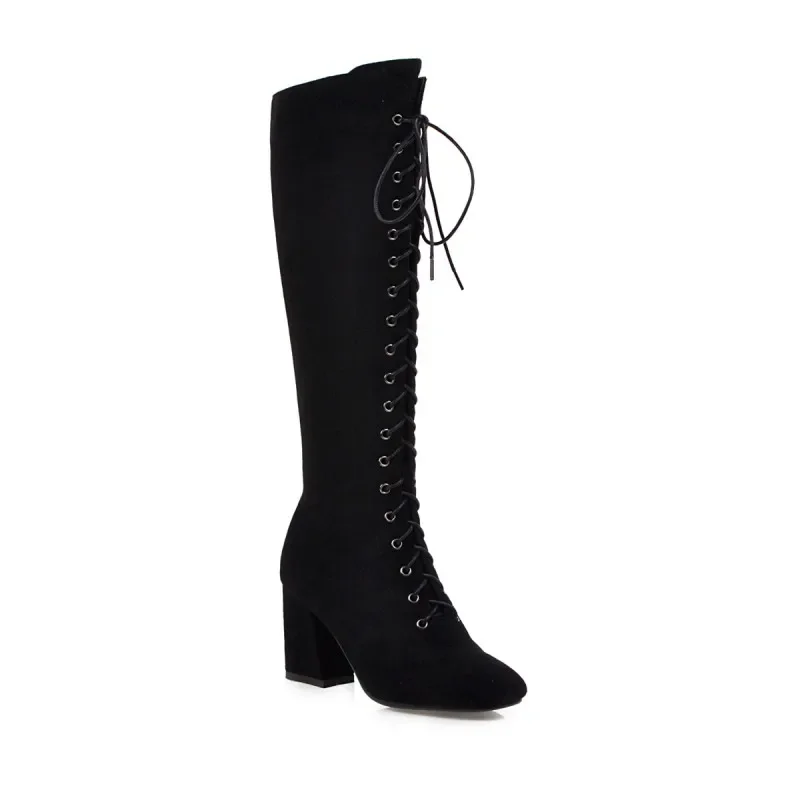 Oversize Large size Big size High quality autumn and winter women\'s shoes Square toes Thick Heel Lace-up cowboy boots