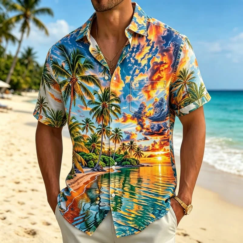 Men's tropical coastal landscape printed  short sleeved shirt with pockets, fresh summer outfit, for beach vacation
