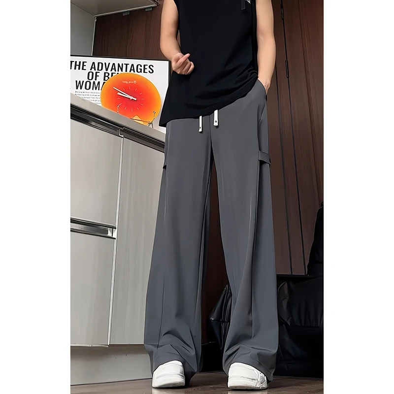 Black/Gray Summer Ice Silk Men Casual Pants Plus Size 5XL-M Full Length Thin Men's Straight Trousers Solid Color Drape Pants Man
