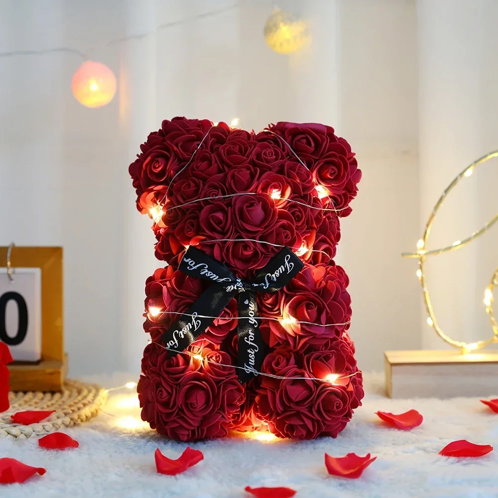 Valentijnsdag Kunstmatige Teddy Rose Bloem Beer met Doos Romantisch Cadeau Vriendin Vrouwen Moeder Verjaardag Bruiloft Deco 25cm