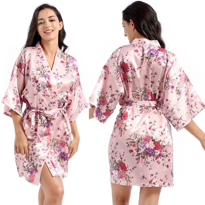 Women's Summer Home Short Cardigan Dressing Gown Thin Plus-size Loose Tin-silk Print Daffodil Morning Gown