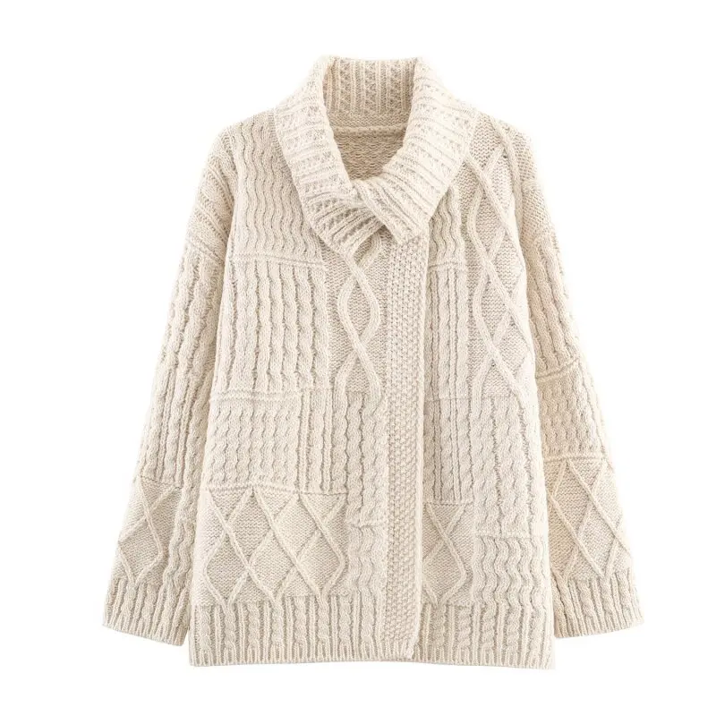 

Women’s Vintage Cable Knit Cardigan - Asymmetric Lapel Knit Open Front Lazy Coat for Casual Fall Outfit