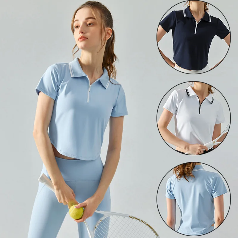 Women Zipper Polo Tennis Shirt Ladies Slim Short Sleeve Badminton T-shirt Women Breathable Athletic Workout Tops Casual Blouse
