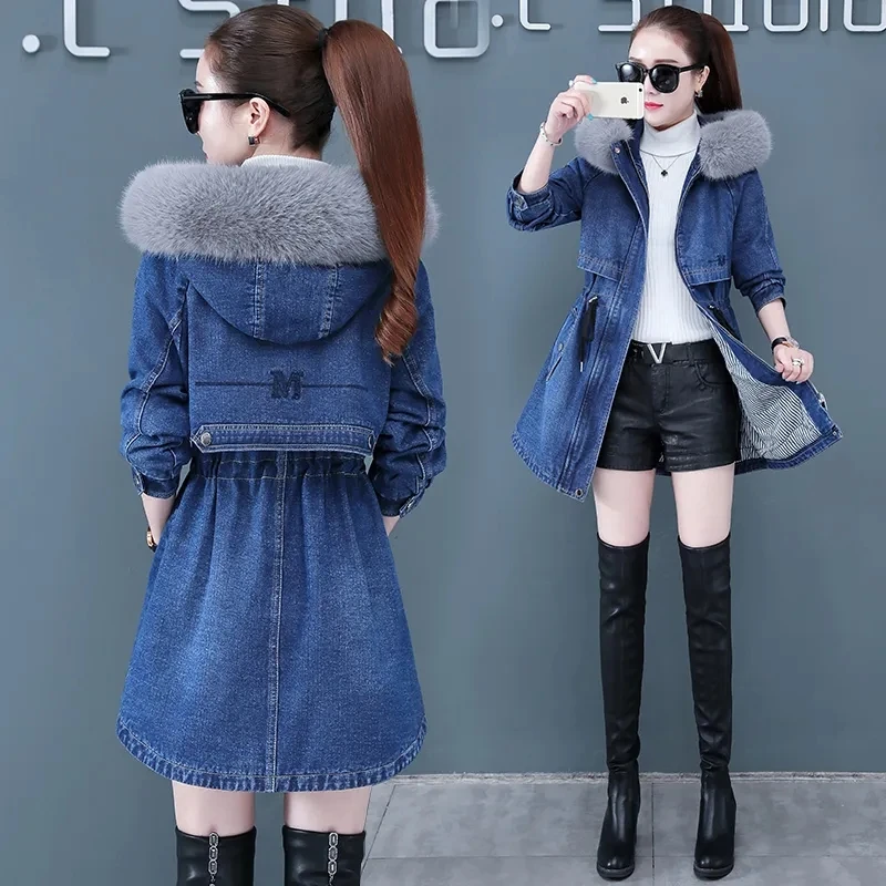 Winter Jackets Plus Cotton Thick Denim Jacket Women\'s 2023 New Warm Parkas Hooded Fur Collar Long Jeans Jacket Female Outerwear