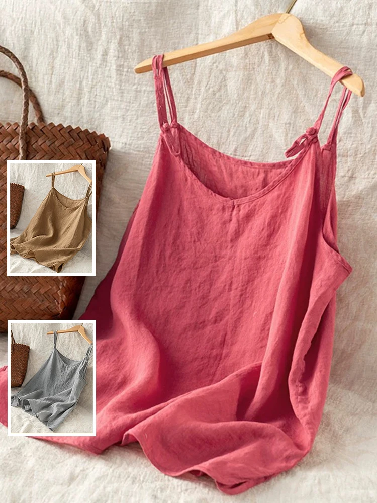 

Adjustable oulder Pure Color Cotton Linen Small ter Top plus Size Women's Wear Inner And Outer Wear Button Design