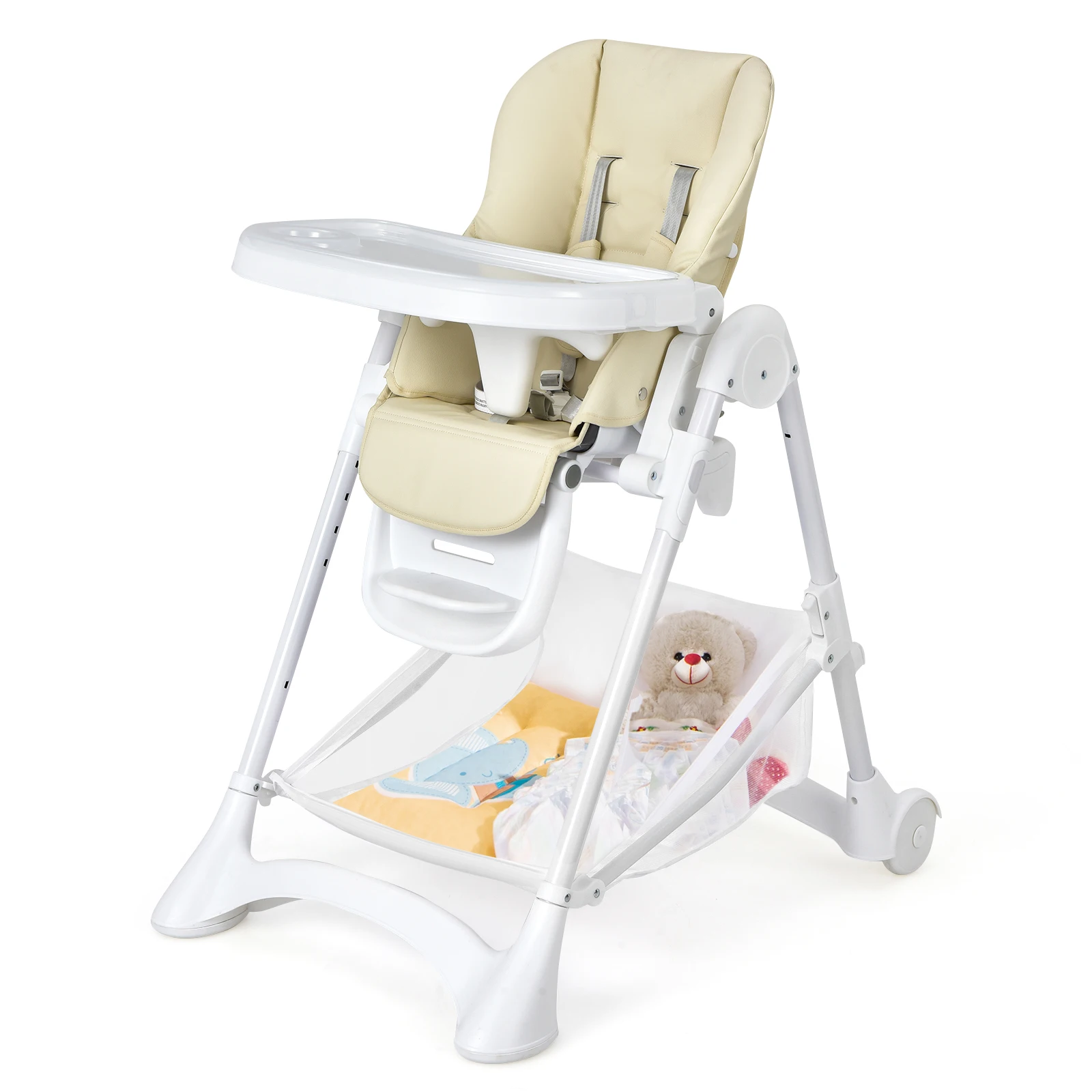 Baby Convertible Folding Adjustable High Chair w/Wheel Tray Storage Basket Beige