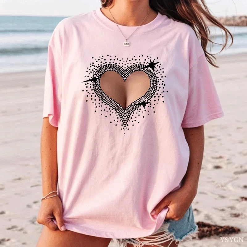 Women Cotton Fashionable T-shirt with Black Heart-shaped Printed Round Neck Short Sleeved Casual Top for Parties and Casual Wear